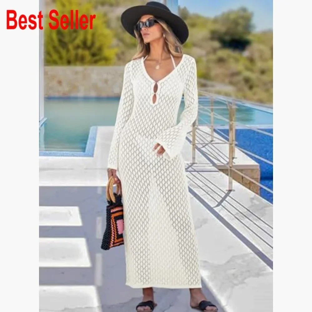 Acrylic Knit Crochet Cover Up Beach Dress V-Neck Hollow Out